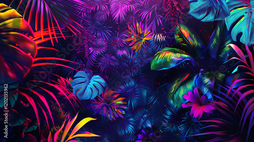 Explore the fusion of nature and technology by creating a high-angle view of bioelectricity in a neon jungle using a vector digital rendering technique Infuse the artwork with vibrant colors, sharp li
