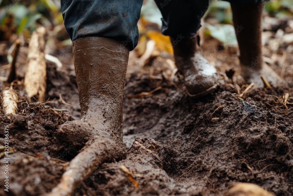 Mud-Covered Boots in Rural Farming Scene Mud-Covered Boots in Rural Farming Scene