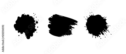 set of Isolated black paint splatters on transparent background with empty space for text