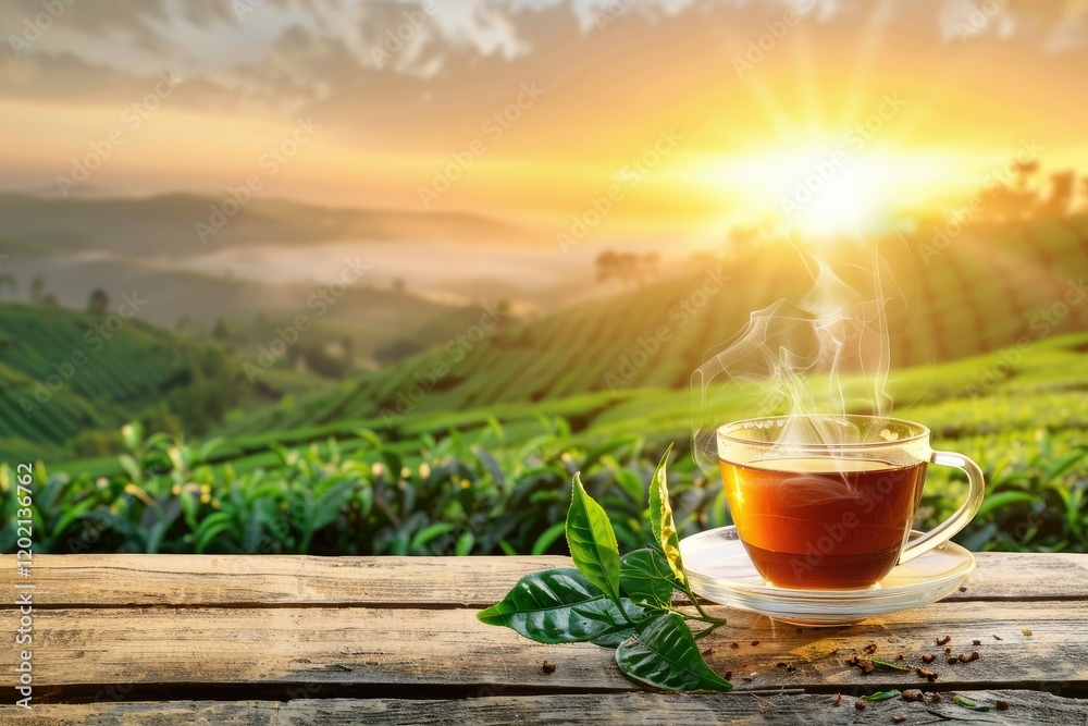 High Resolution Image of Steaming Cup of Tea with Green Leaves, Scenic Plantation High Resolution Image of Steaming Cup of Tea with Green Leaves, Scenic Plantation