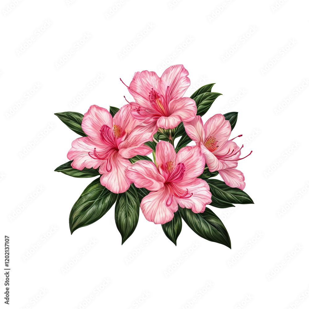 Obraz premium Pink Azalea Bouquet: Delicate pink azalea blossoms in full bloom, their soft petals and vibrant green leaves creating a charming botanical illustration.