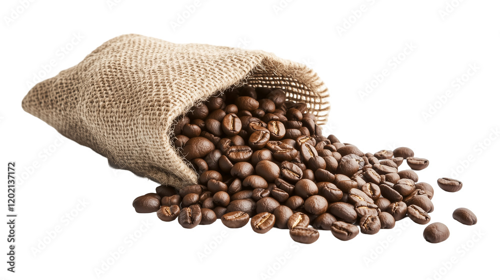 Fototapeta premium Freshly Roasted Coffee Beans Spilling from a Burlap Sack Isolated on Transparent Background 
