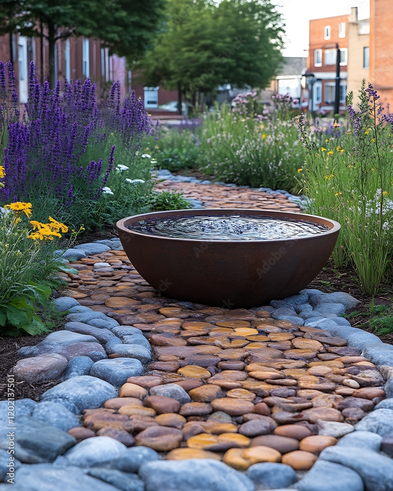 Urban garden path, water bowl, flowers, street