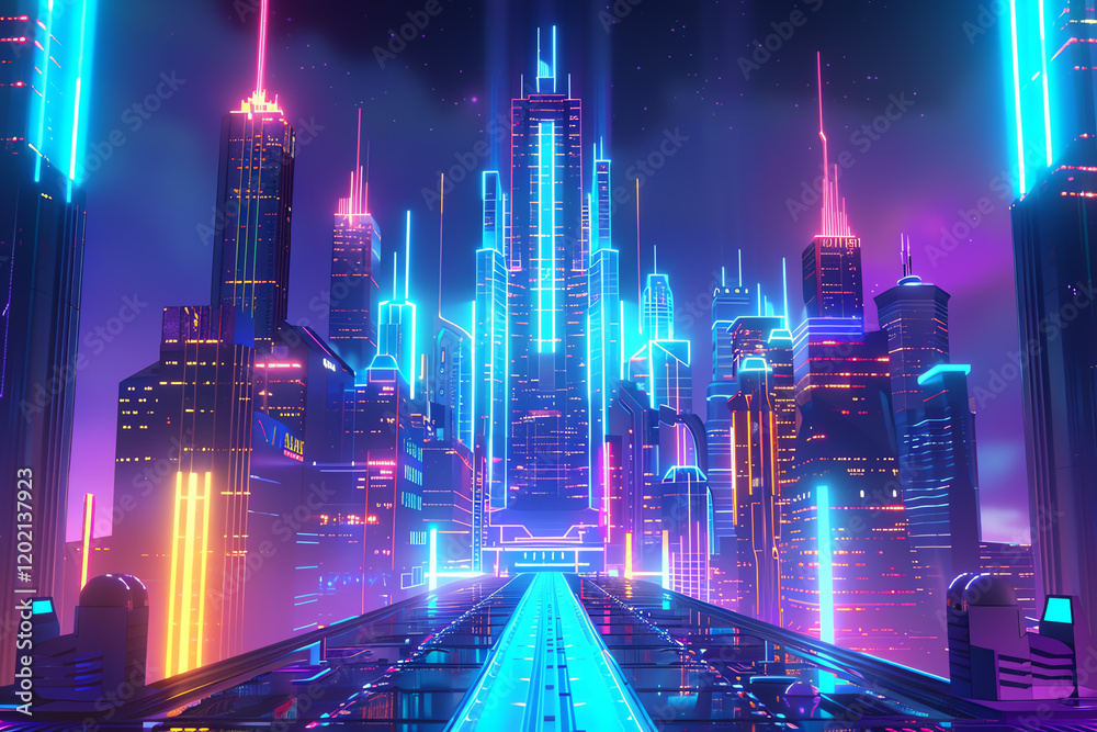 Illustrate a frontal view of a futuristic cityscape blending holographic displays with Freudian symbolism, using vivid digital rendering techniques Illustrate a frontal view of a futuristic cityscape blending holographic displays with Freudian symbolism, using vivid digital rendering techniques