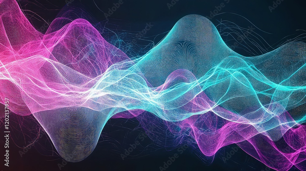 Fototapeta premium Vibrant pink and cyan sound wave oscillation flows smoothly across a dark background in abstract motion.