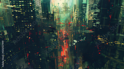 Illustrate a futuristic cityscape with twisting skyscrapers plunging into darkness Use glitch art to convey a sense of unease, playing with unexpected camera angles for a thrilling effect