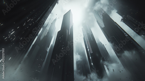 Illustrate a futuristic cityscape with twisting skyscrapers plunging into darkness Use glitch art to convey a sense of unease, playing with unexpected camera angles for a thrilling effect