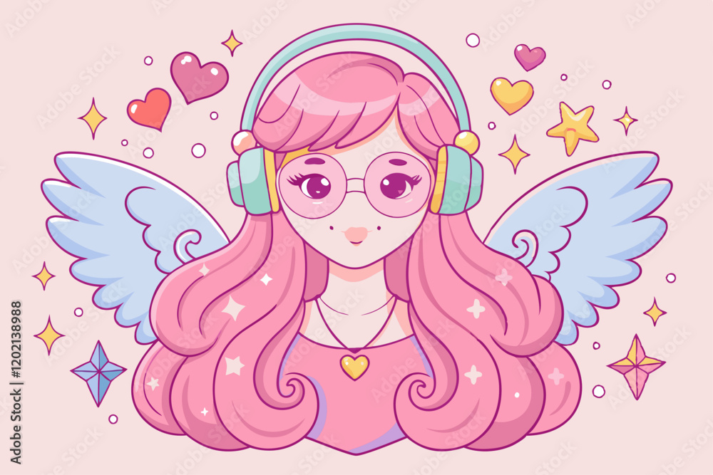 Pink angel with heart-shaped sunglasses and Valentine's Day Y2K aesthetic Pink angel with heart-shaped sunglasses and Valentine's Day Y2K aesthetic