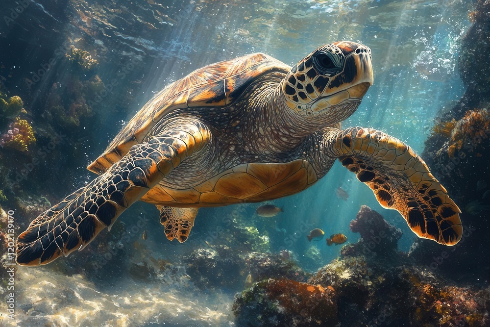 Fototapeta premium hyperrealistic underwater scene of sea turtle gliding through crystal clear waters, sunbeams creating ethereal light patterns on its ancient shell