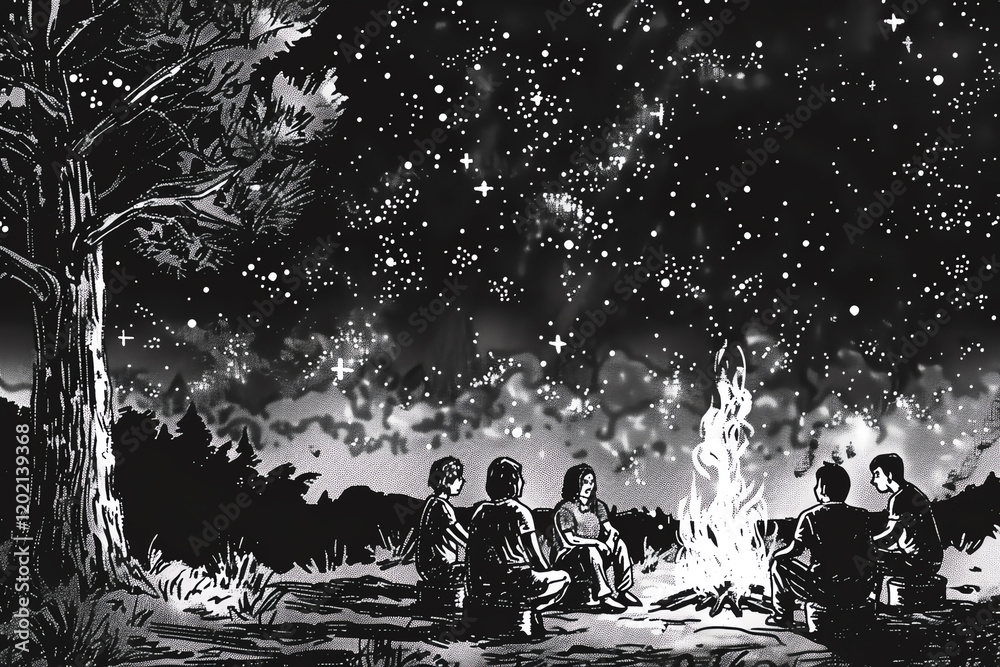 Illustrate a scene of a group of friends sharing stories around a campfire under a starry night sky, with each person depicted in a unique style reminiscent of a biographical portrait, using tradition