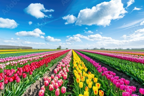 Clear Pixel Image of Tulip Field in Full Bloom Under a Bright Blue Sky