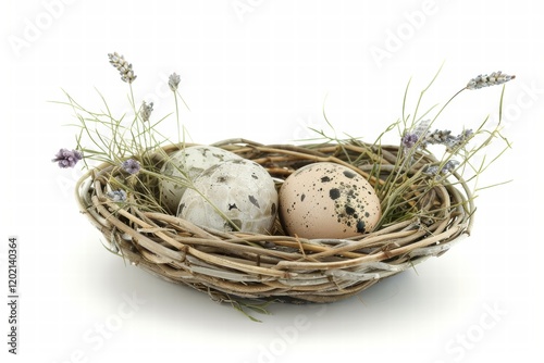 Basket with bright Easter eggs on a clean and minimal white background