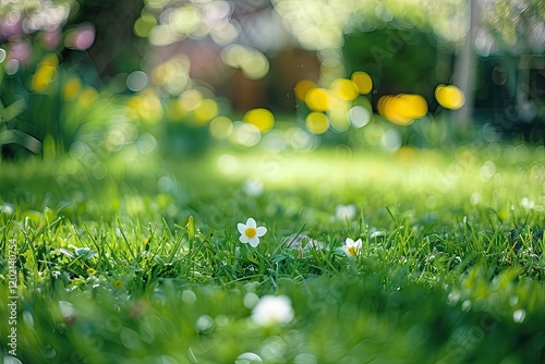 Blurred Background of Lawn in Backyard with Green Grass and Flowers in Spring Garden