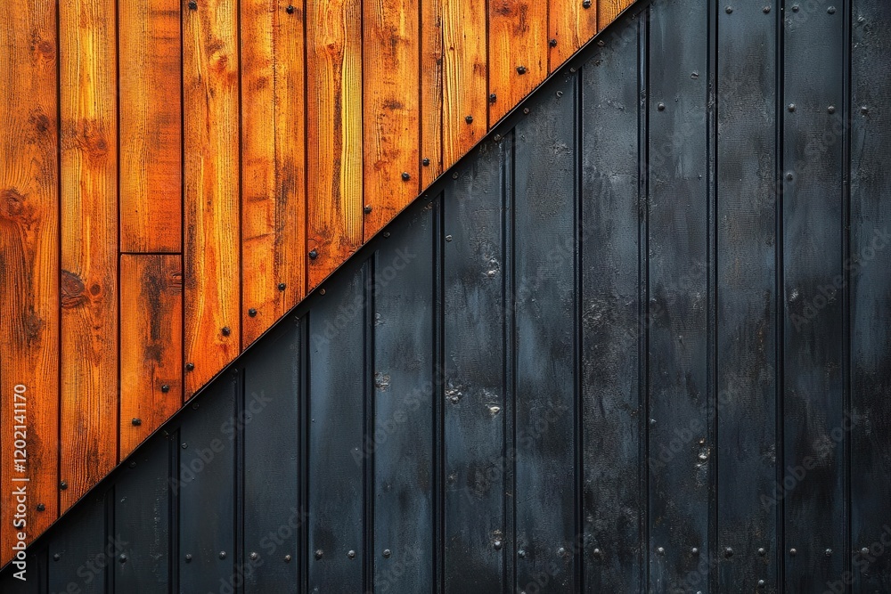 industrial abstract pattern of black corrugated metal sheets intersecting with warm wooden panels, creating dramatic light and shadow interplay