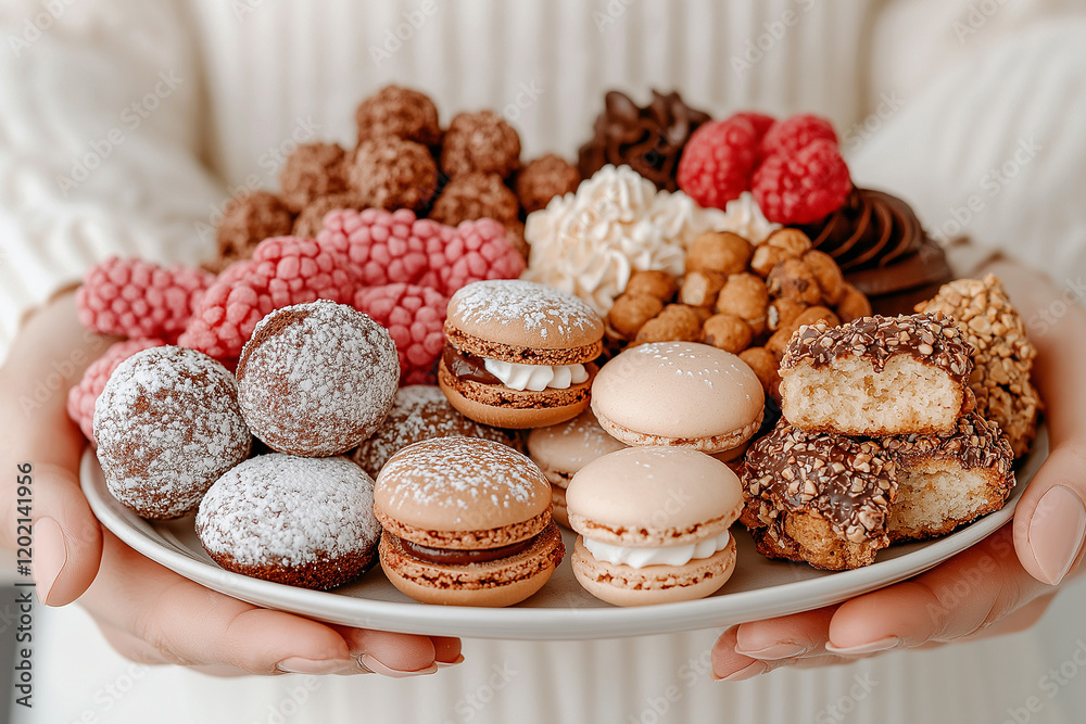 A person eagerly reaching for a plate of tempting desserts, capturing the irresistible allure of sweets. A person eagerly reaching for a plate of tempting desserts, capturing the irresistible allure of sweets.