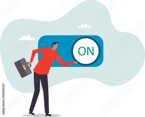 Turn on switch, paradigm shift or change to be better status, start or begin business, setting or preference,business concept.flat character.