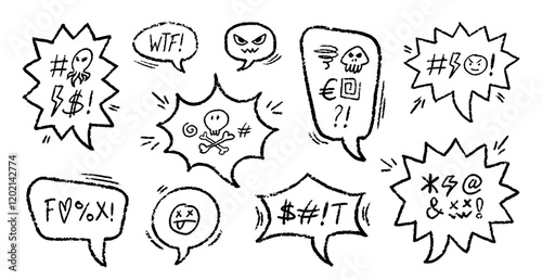 Crayon Speech Bubbles with Abstract Swear Words Vector Set. Chalk Scribble Talking Clouds Collection. Hand Drawn Rude Curse Angry Expressions. Pencil Emphasis Elements Charcoal Doodle Talk Balloons