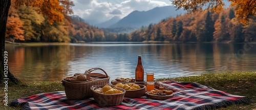 Fototapeta Naklejka Na Ścianę i Meble -  Autumn lake picnic with food and drinks.
