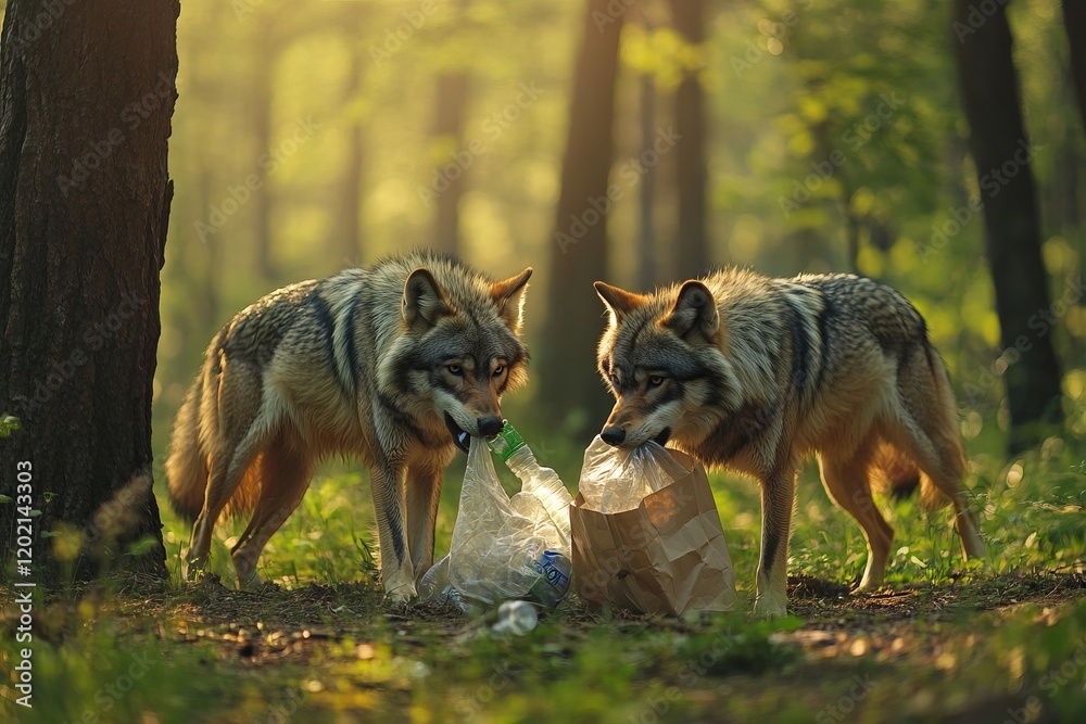 Fototapeta premium Two wolves collecting garbage in the forest. Concept of environmental pollution, environmental protection, care for nature
