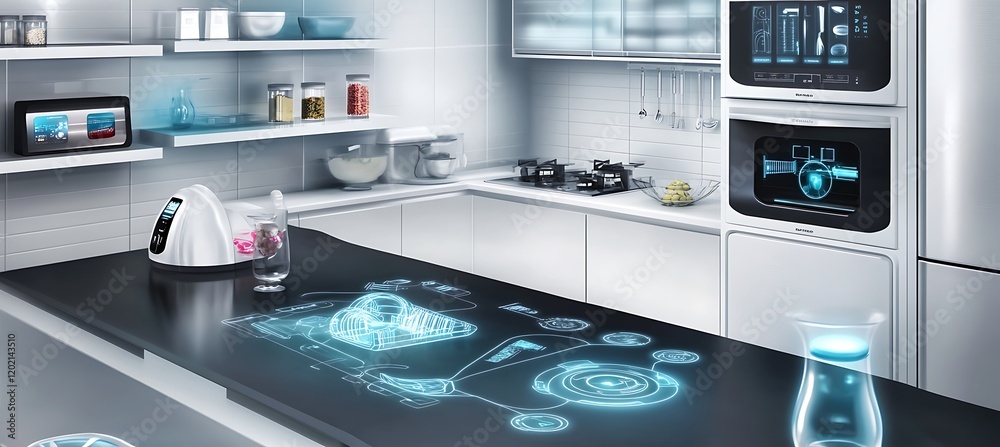 A high-tech kitchen with smart appliances, a large island with built-in storage, and modern finishes A high-tech kitchen with smart appliances, a large island with built-in storage, and modern finishes