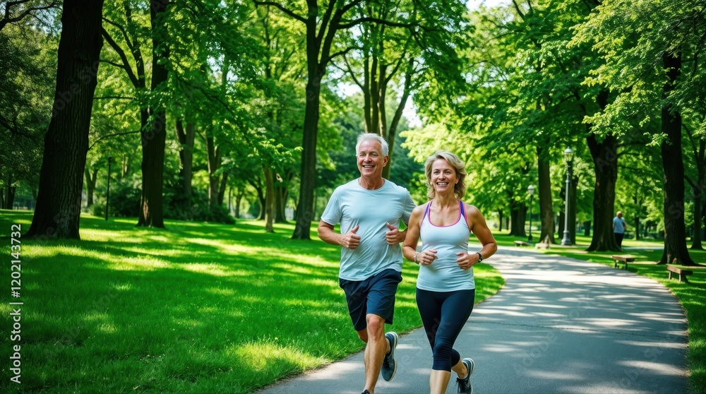 Fototapeta premium A joyful senior couple jogging together in nature