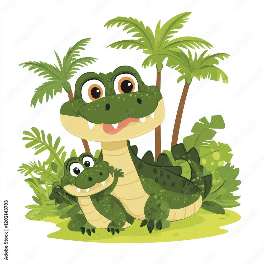 Naklejka premium Happy crocodiles family in tropical paradise; ideal for kids' books