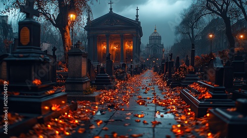 Autumn evening in cemetery with lit candles, church in foggy background photo