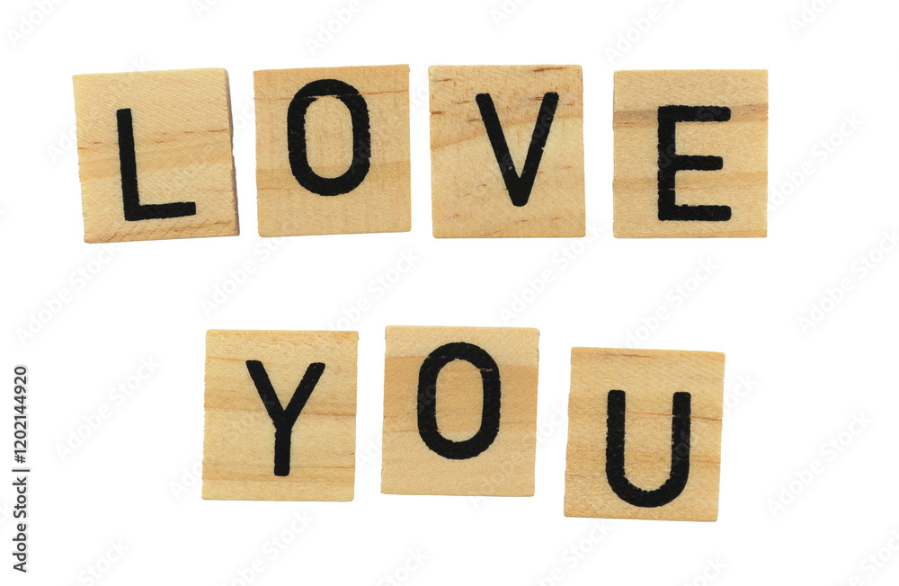 Word LOVE you from wooden cubic letters. Valentine's Day composition. no background Word LOVE you from wooden cubic letters. Valentine's Day composition. no background