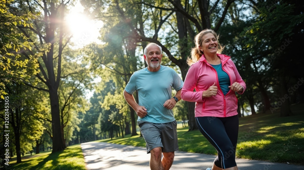 Fototapeta premium A joyful senior couple jogging together in nature