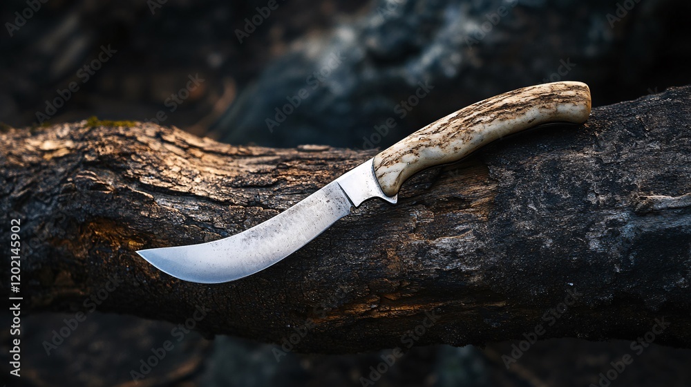Hunting knife with bone handle resting on burnt log Hunting knife with bone handle resting on burnt log