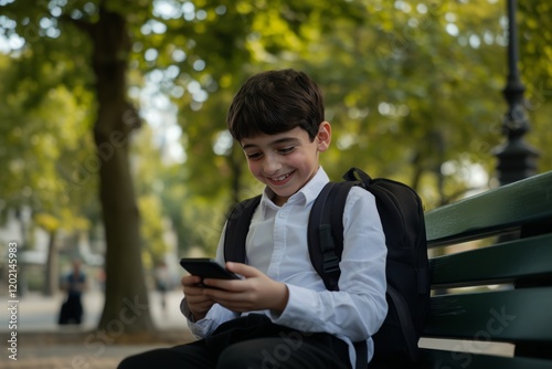 Boy wearing a backpack and holding a smartphone while sitting on a bench in park and smiling, surrounded by trees and blurred background creating a serene atmosphere photo