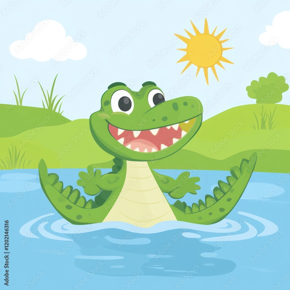 Naklejka premium Happy green alligator in water with sun and clouds in a cartoon landscape