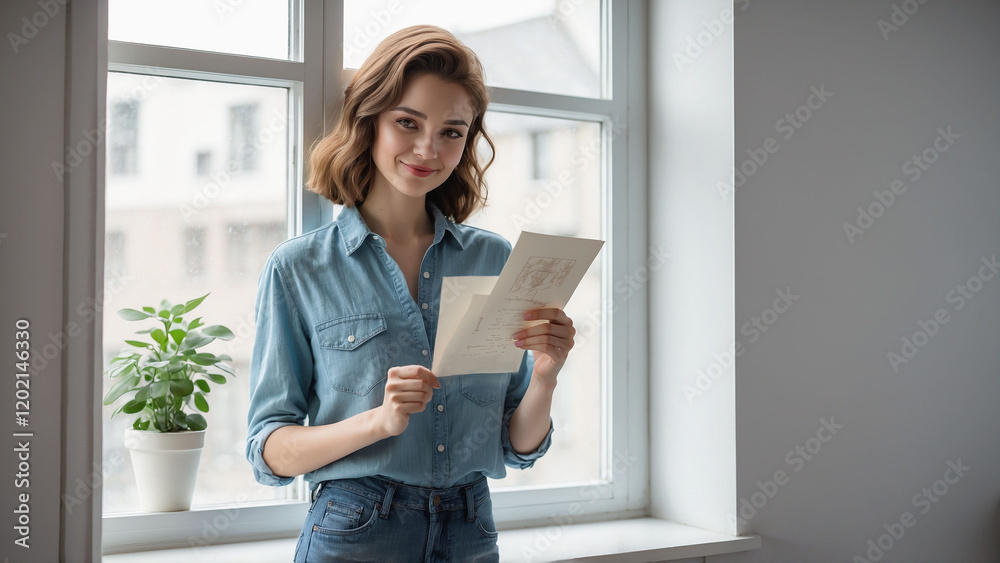 Young Woman in Jeans and Shirt Holding Delicate Greeting Card by the Window Young Woman in Jeans and Shirt Holding Delicate Greeting Card by the Window