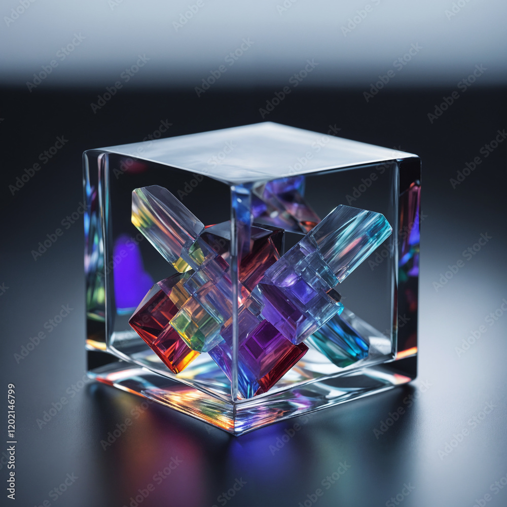 Fototapeta premium Glass transparent cube with coloured crystals inside 3D