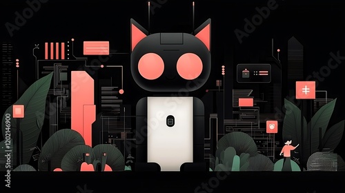 A futuristic robot cat stands amidst a digital landscape, surrounded by plants and a small figure in the background photo