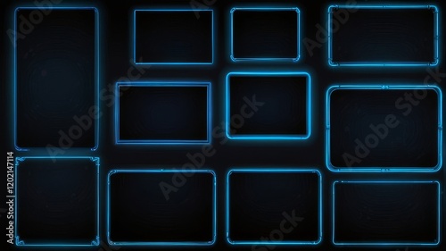 Set of blue glowing neon frames on dark background 