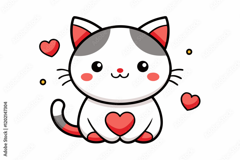 Fototapeta premium Cute cartoon kitten with a red heart in kawaii chibi style