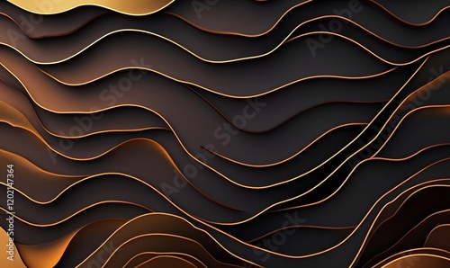 Abstract dark background with layered wavy lines in dark brown and gold colors