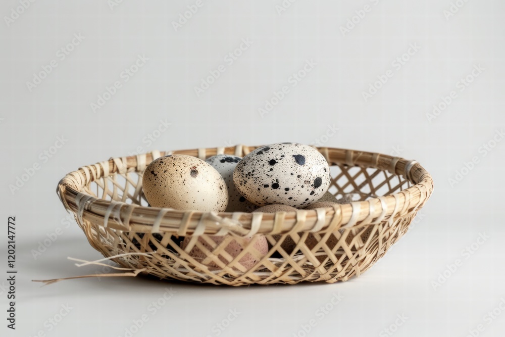 Basket with bright Easter eggs on a clean and minimal white background