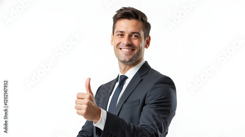 Positive Professional Male Giving Thumbs Up on Bright White Background
