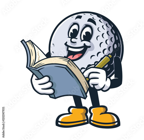 Golf Ball with book,  Cartoon Character Mascot Illustration Vector Clip-art Hand-drawn Logo Design