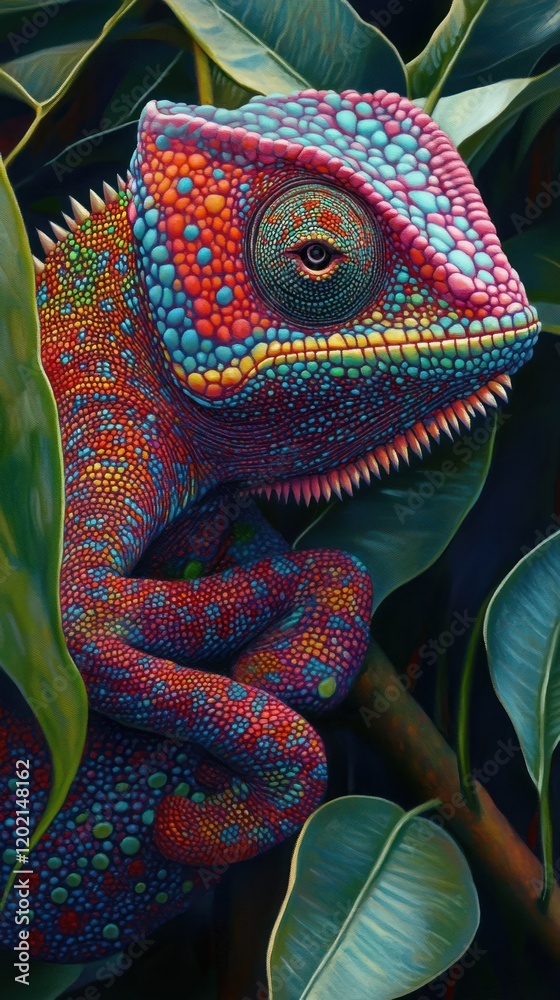Obraz premium Vibrant chameleon perched on branch amidst lush foliage.