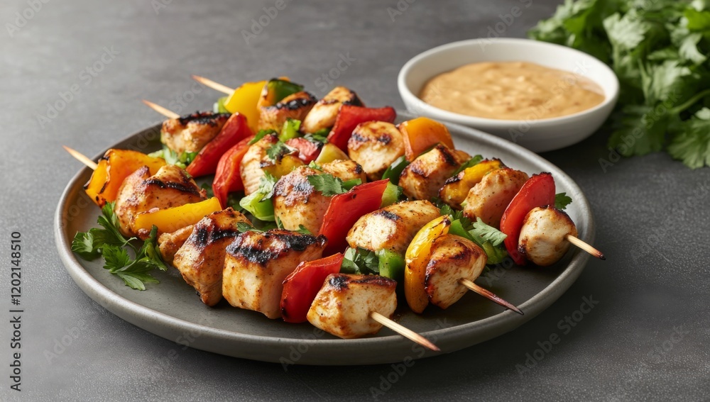 Vibrant chicken shish kebabs on skewers, garnished with fresh vegetables and herbs, set against a dark stone backdrop with a sauce bowl. Vibrant chicken shish kebabs on skewers, garnished with fresh vegetables and herbs, set against a dark stone backdrop with a sauce bowl.