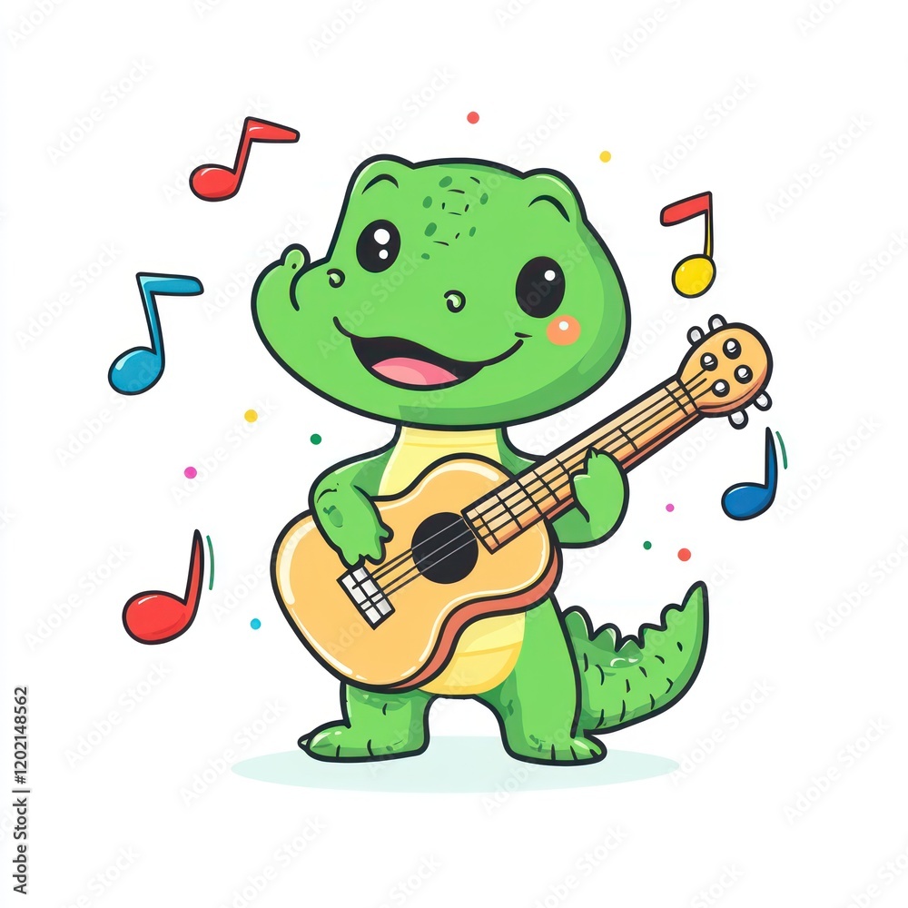 Naklejka premium Cute crocodile playing guitar; music notes background; children's illustration; ideal for kids' books
