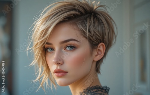 Portrait of a beautiful woman with the latest trendy casual hairstyle photo