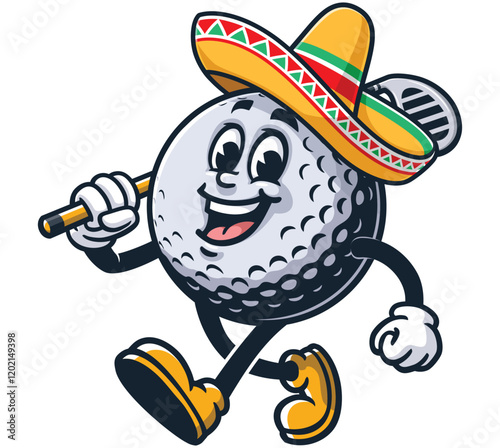 Golf Ball carrying a golf club and wearing a sombrero,         Cartoon Character Mascot Illustration Vector Clip-art Hand-drawn Logo Design