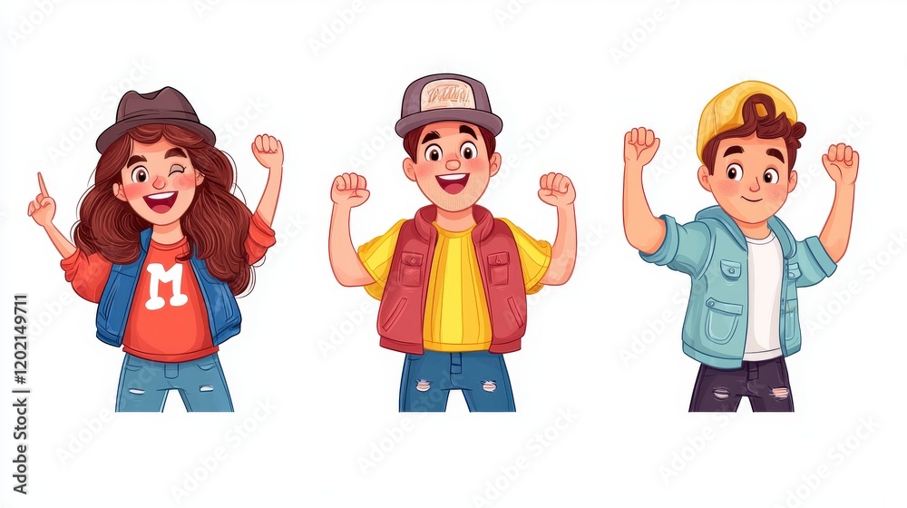 Colorful Cartoon Characters Celebrating with Joyful Expressions and Trendy Outfits in Vibrant Style Colorful Cartoon Characters Celebrating with Joyful Expressions and Trendy Outfits in Vibrant Style