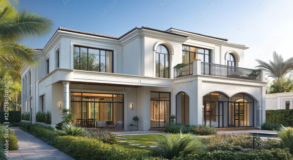 Elegant modern villa with spacious garden and large windows showcasing contemporary architecture in a serene suburban setting surrounded by palm trees Elegant modern villa with spacious garden and large windows showcasing contemporary architecture in a serene suburban setting surrounded by palm trees