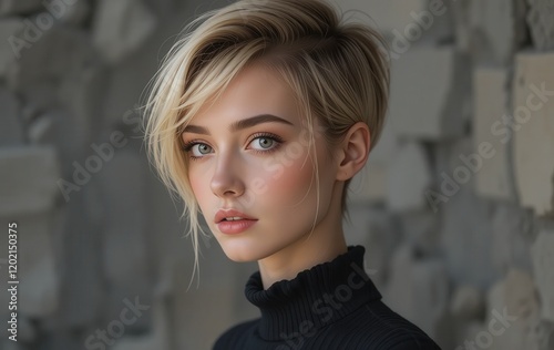 Portrait of a beautiful woman with the latest trendy casual hairstyle photo