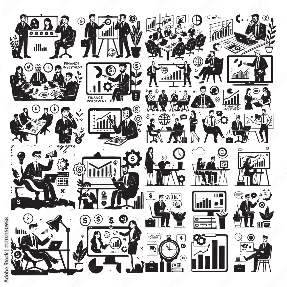 set business flat vector illustration design cartoon character working action style concept. online video conference meeting. finance investment business planning. data analytics. finance investment.